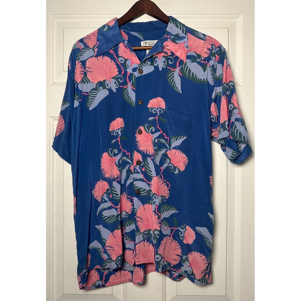 Avanti‎ Vintage Silk Hawaiian Shirt Mens S Blue Pink Floral Tropical Aloha